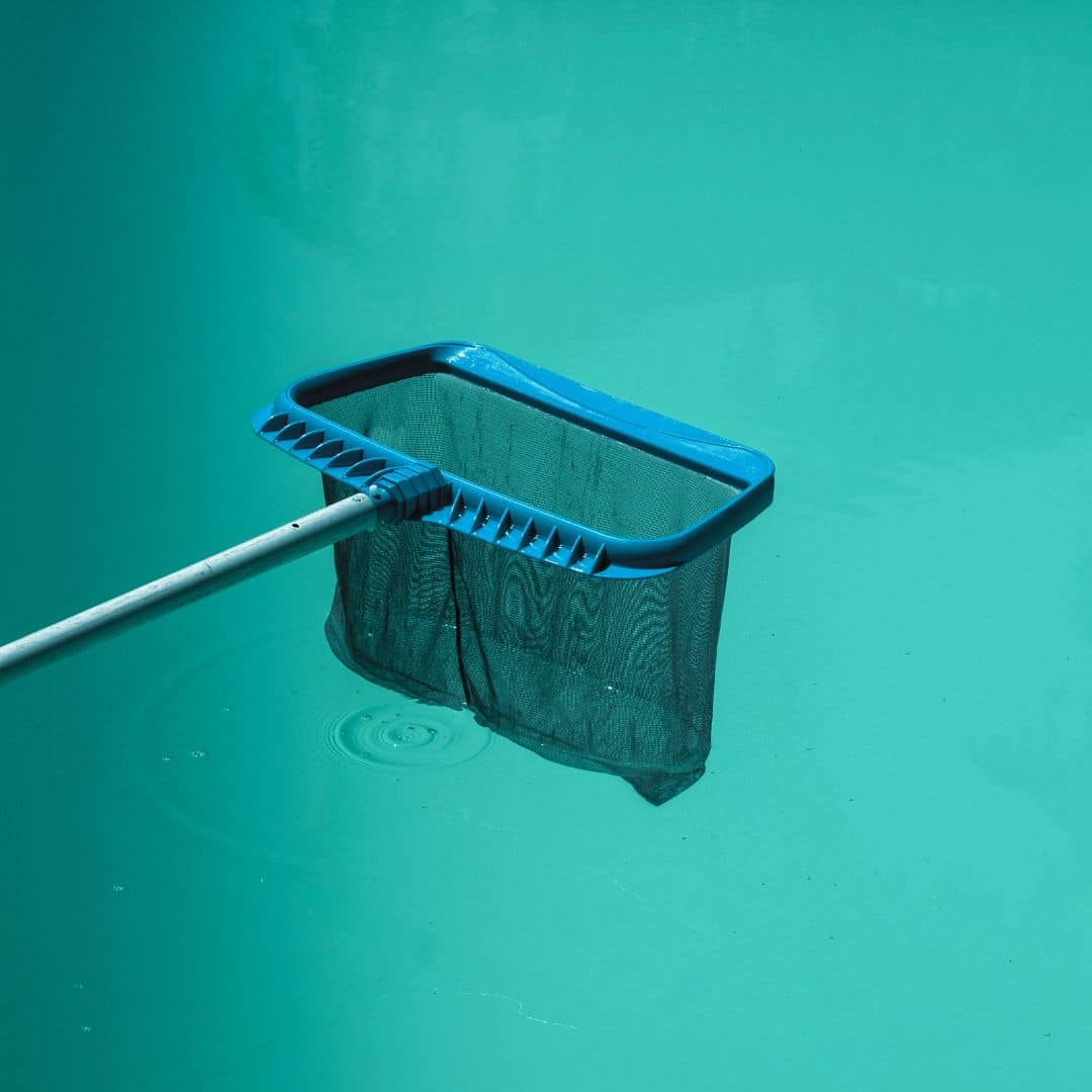 Holding a Skimmer Net Above a Cloudy Pool